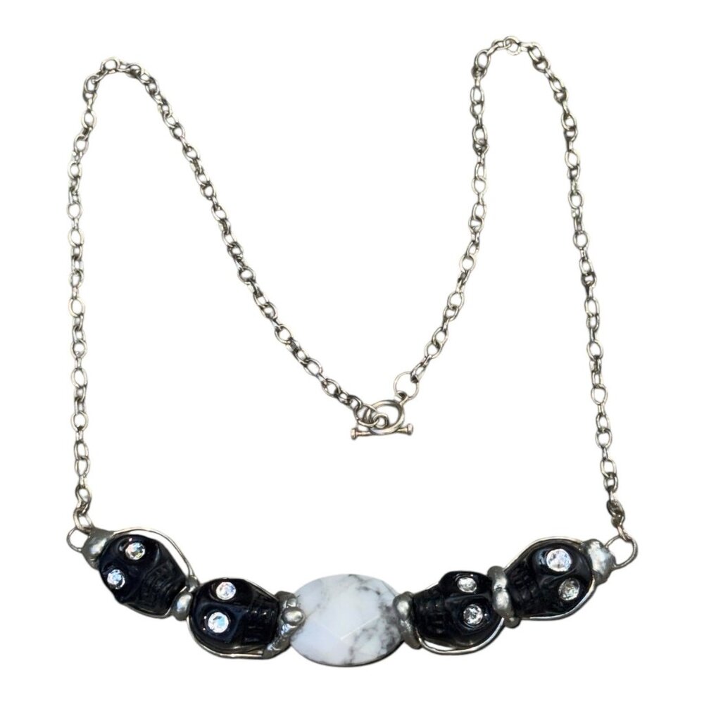 Artisan Necklace W/ Black Onyx Sugar Skulls, Swarovski Eyes & Marble Centerpiece - Picture 6 of 12